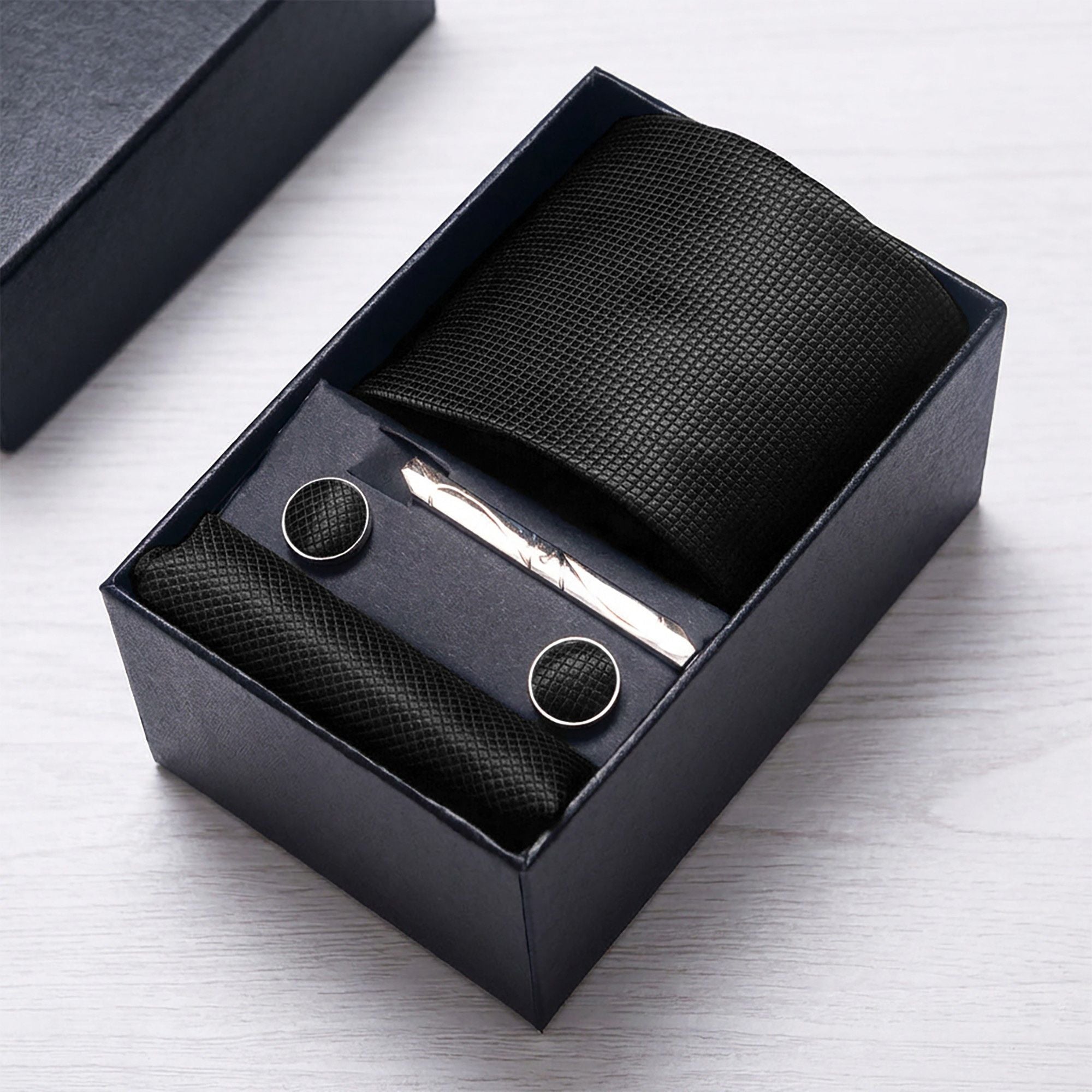 Men's Diamond Grid Pattern Tie Gift Set Necktie Pocket Square Cufflinks Tie Clip Formal Accessory Set