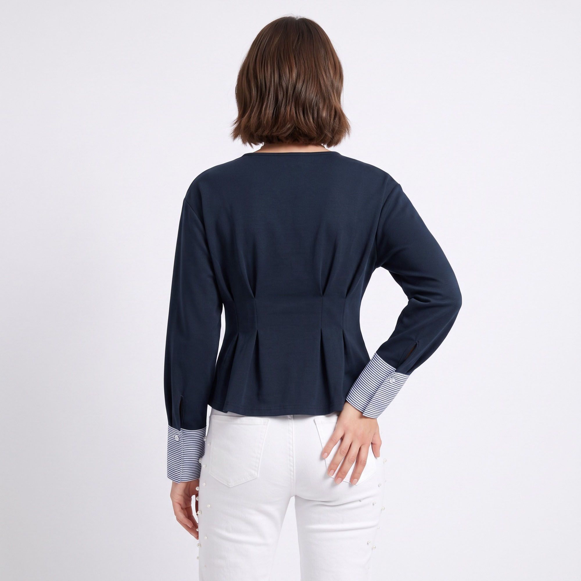 Peplum Top Crew Neck Long Sleeve Pleated Waist Contrast Stripe Cuffs