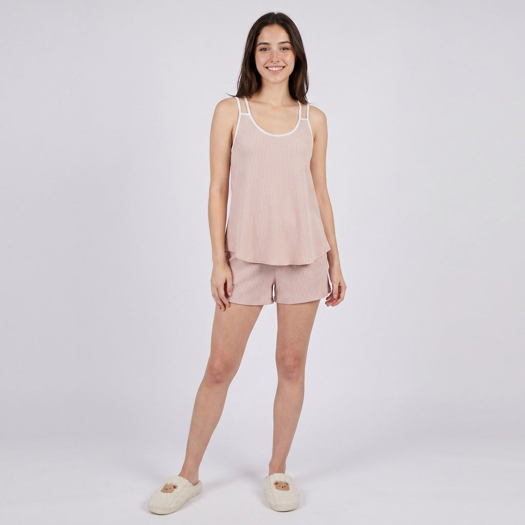 Anna-Kaci Women's 2-Piece Set Waffle Knit Cami Top and Shorts with Contrast Trim Cross Back Straps