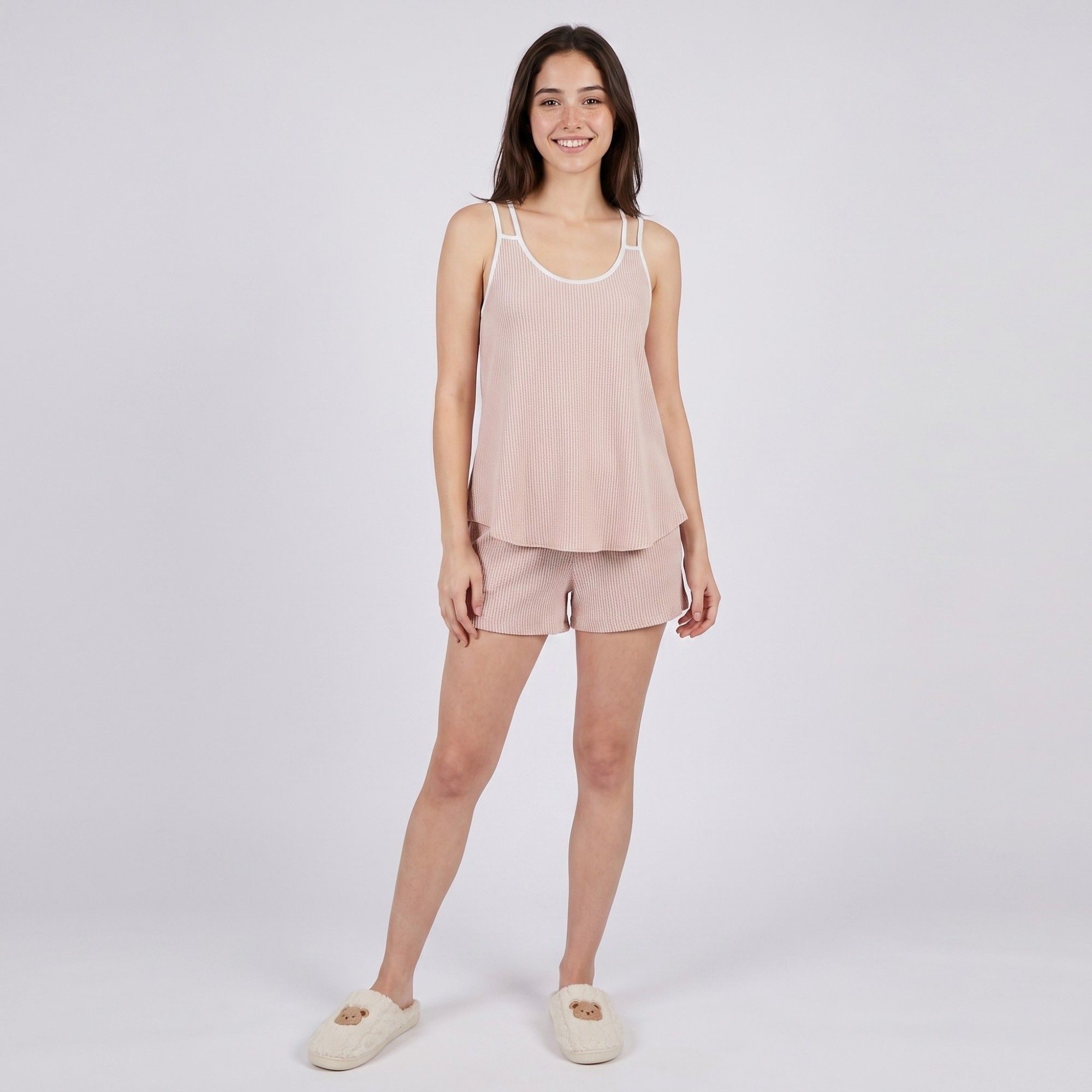 Anna-Kaci Women's 2-Piece Set Waffle Knit Cami Top and Shorts with Contrast Trim Cross Back Straps