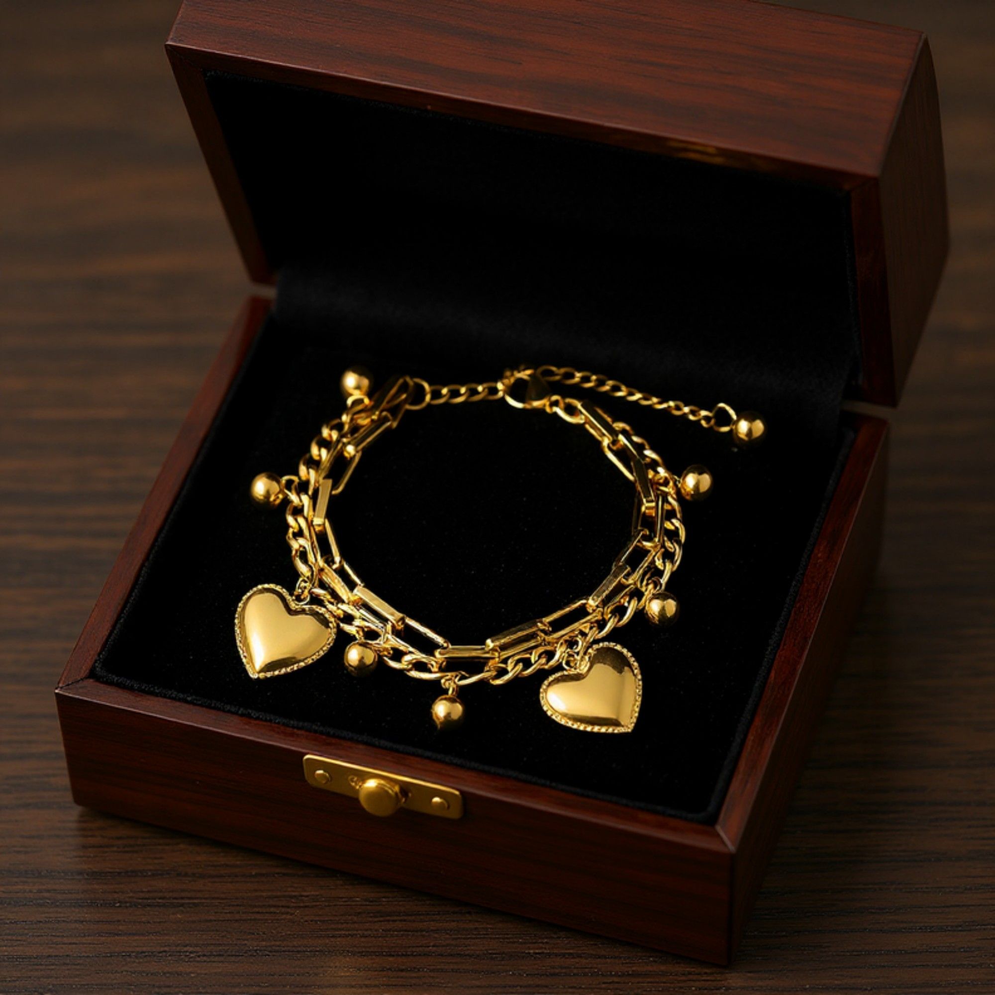 Layered Chain Bracelet with Dual Heart Charms and Dangling Bead Accents for a Playful Feminine Accessory with Modern Detail