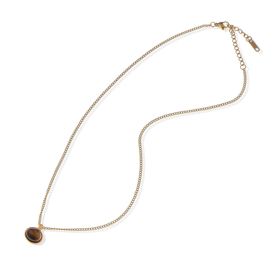 Women's Stainless Steel Fashion Necklace with 18K Gold Plated Pendant, Acrylic Tiger's Eye Stone, Adjustable Chain, Unique Design