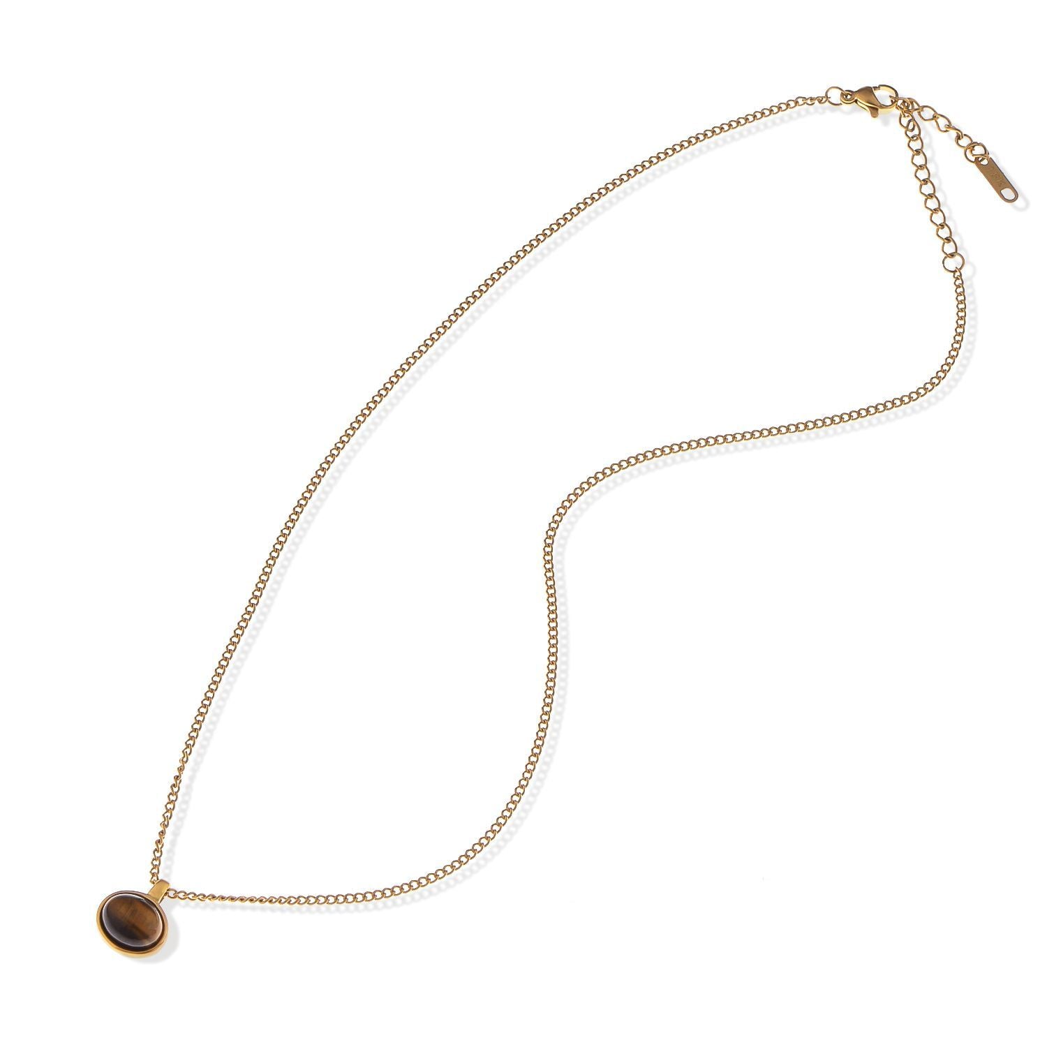Women's Stainless Steel Fashion Necklace with 18K Gold Plated Pendant, Acrylic Tiger's Eye Stone, Adjustable Chain, Unique Design