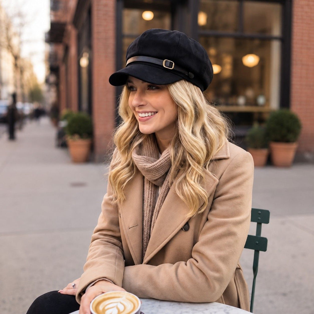 Faux Suede Baker Boy Cap with Buckle Band Vintage Newsboy Style Hat
