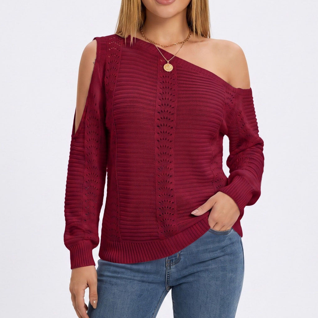 One Shoulder Cold Shoulder Pointelle Knit Long Sleeve Sweater