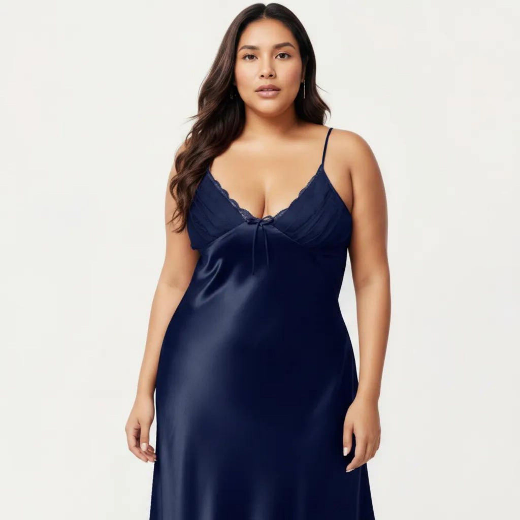 Anna-Kaci Lounge Women's Plus Size Satin Chemise Nightgown with Lace Trim Neckline Adjustable Straps Side Slit Slip Dress