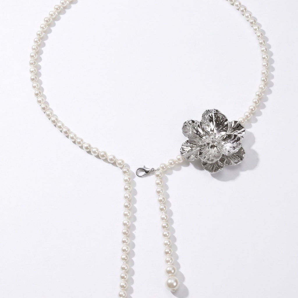 Single Textured Floral Plastic Pearl Waist Chain Adjustable Vintage Statement Waist Jewelry 43.3in