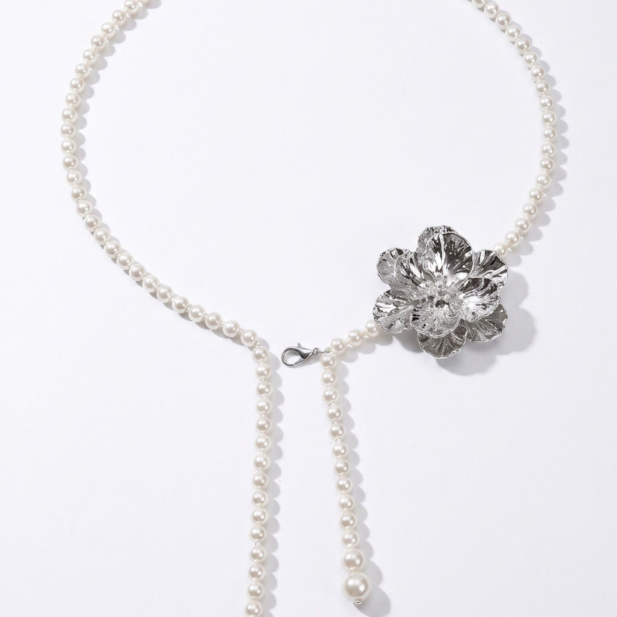 Single Textured Floral Plastic Pearl Waist Chain Adjustable Vintage Statement Waist Jewelry 43.3in