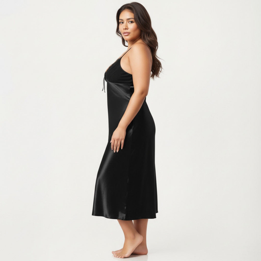 Anna-Kaci Lounge Women's Plus Size Satin Chemise Nightgown with Lace Trim Neckline Adjustable Straps Side Slit Slip Dress