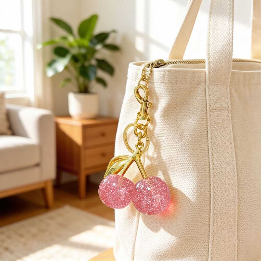 Cherry Charm Keychain with Glitter Fruit Pendant Gold Tone Clip and Key Ring Bag Accessory