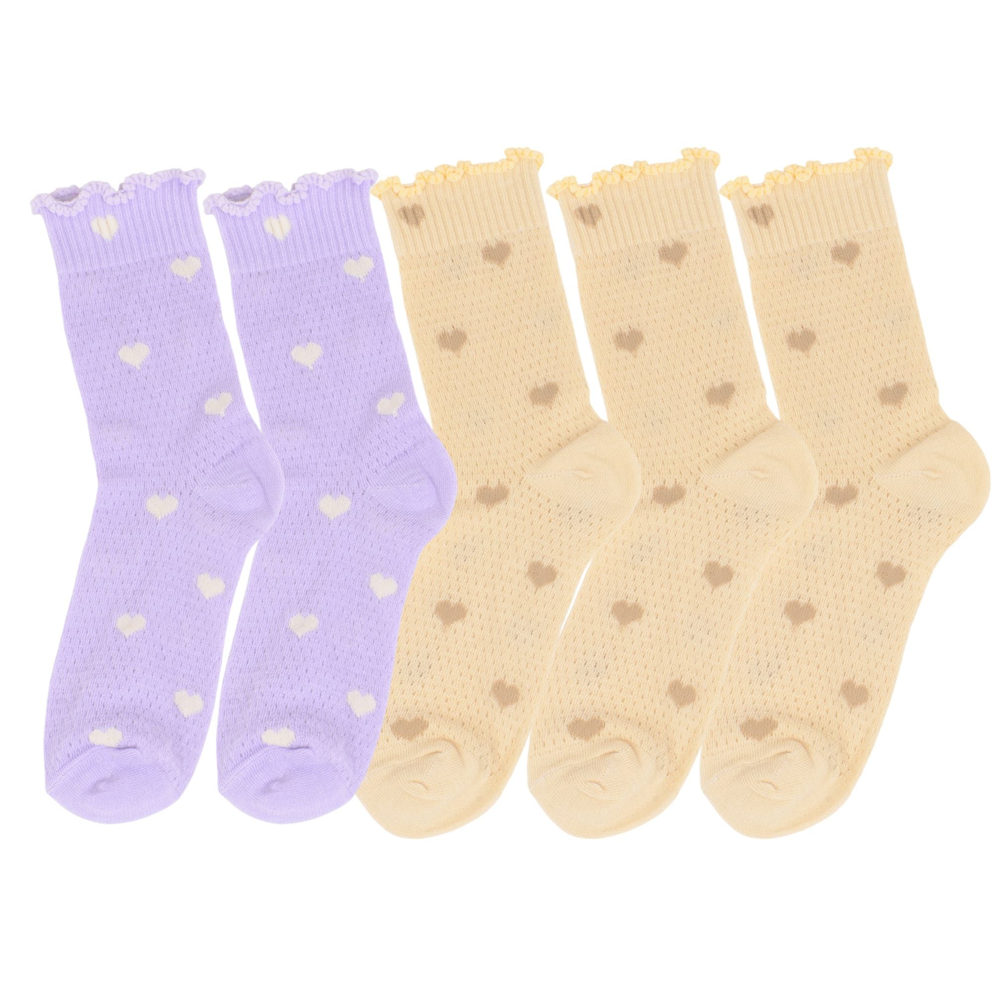Anna-Kaci Women's 5-Pair Set Frilly Crew Socks with Valentine Heart Pattern and Ruffle Trim Breathable Knit Design for Flats or Loafers