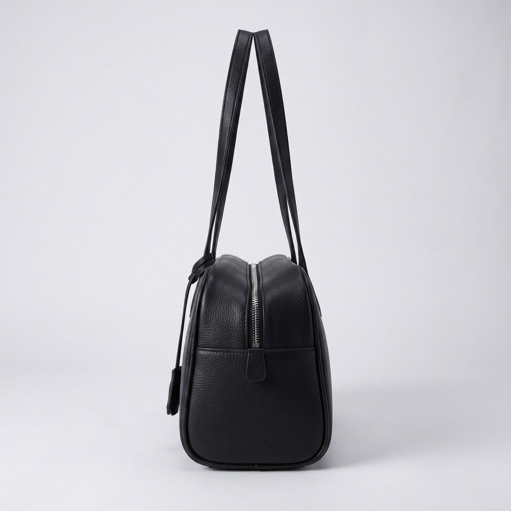 Smooth Grain Rectangular Boston Shoulder Bag with Fixed Long Top Handles & Full Zip Closure 11.8x7.1x4.7in