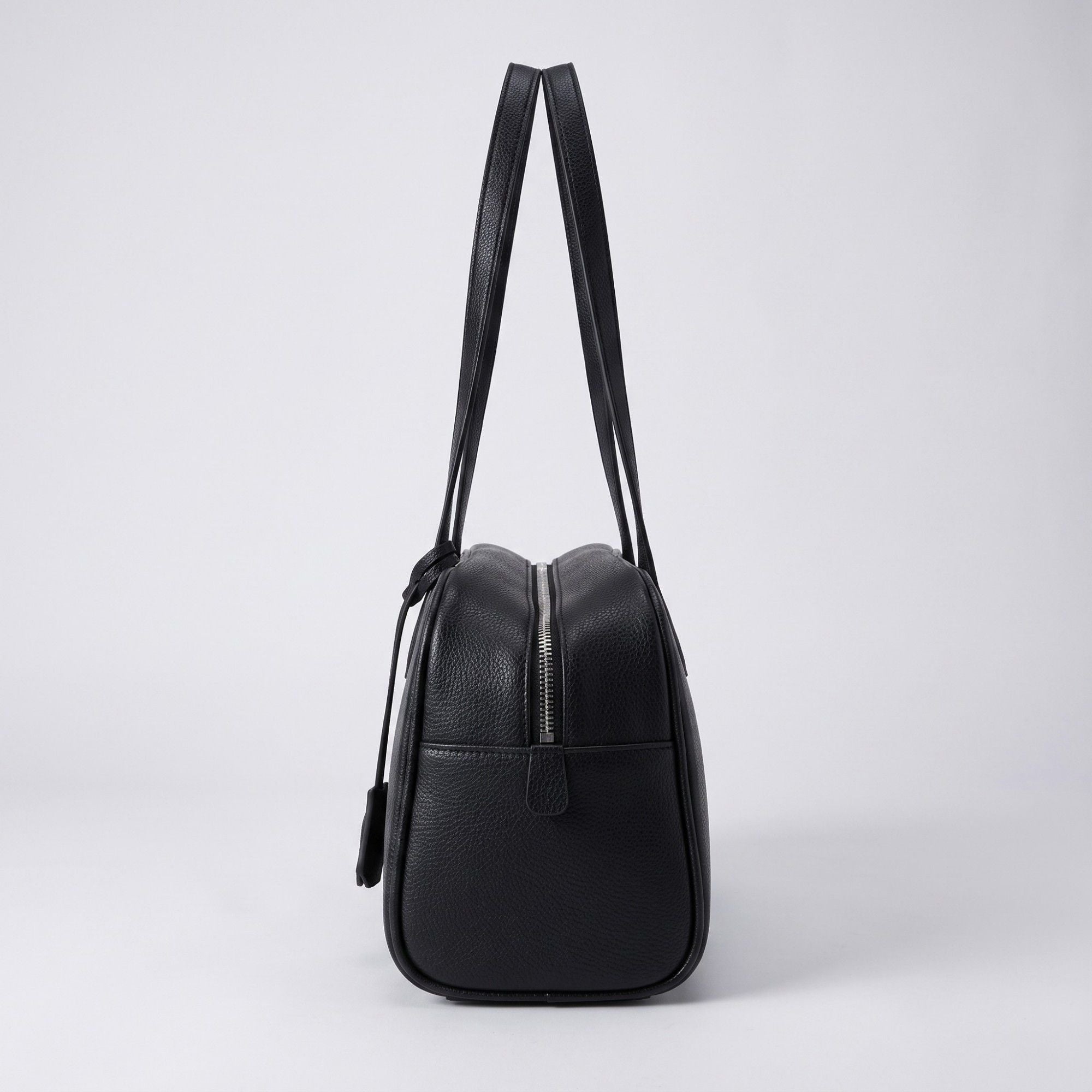 Smooth Grain Rectangular Boston Shoulder Bag with Fixed Long Top Handles & Full Zip Closure 11.8x7.1x4.7in