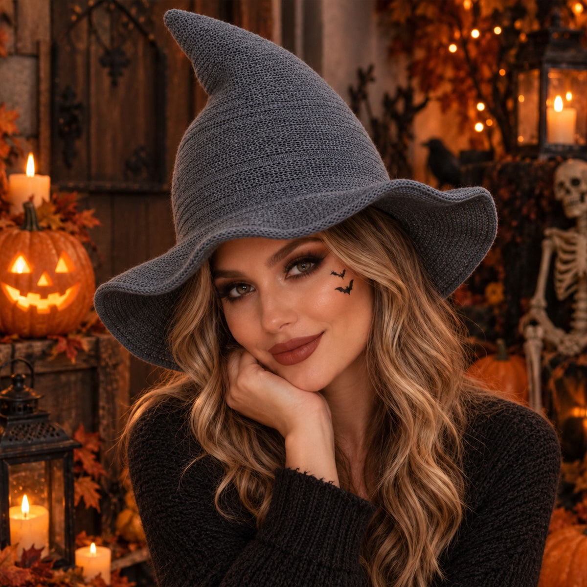 Pointed Knit Witch Hat with Wide Floppy Brim for Halloween