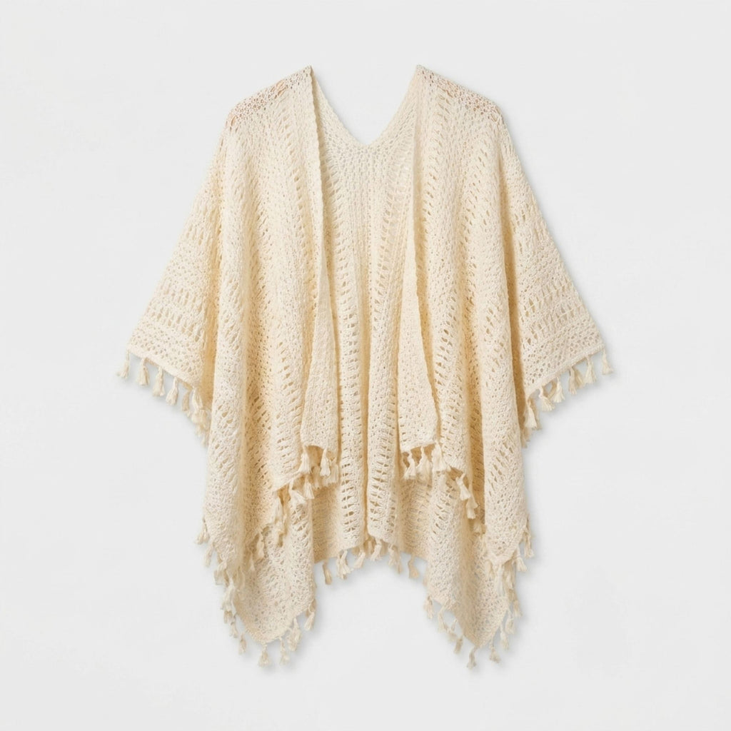 Open Knit Kimono Cover Up with Tassel Trim