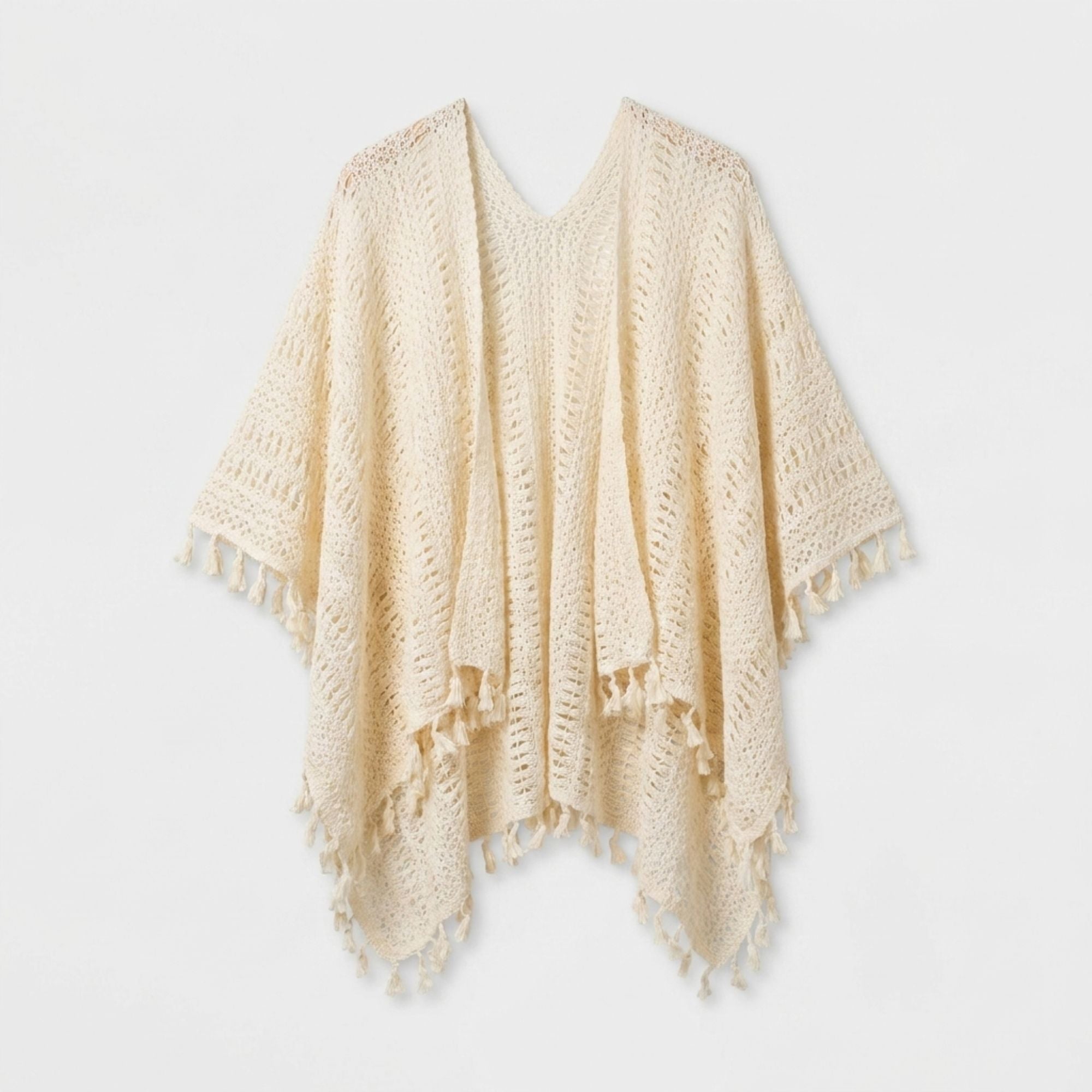 Open Knit Kimono Cover Up with Tassel Trim