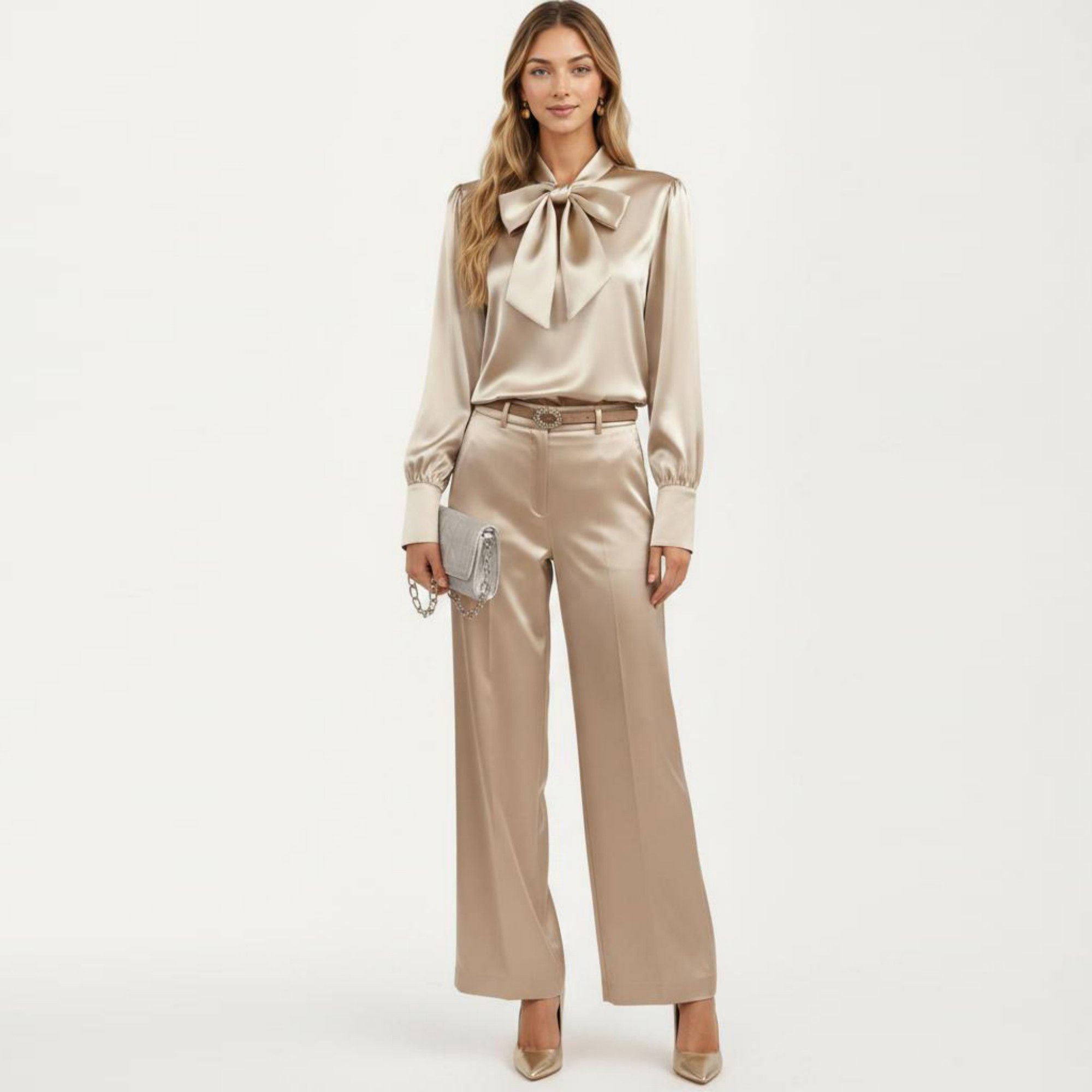 Anna-Kaci Women's Satin Bow Neck Blouse with Long Puff Sleeves and Wide Cuffs