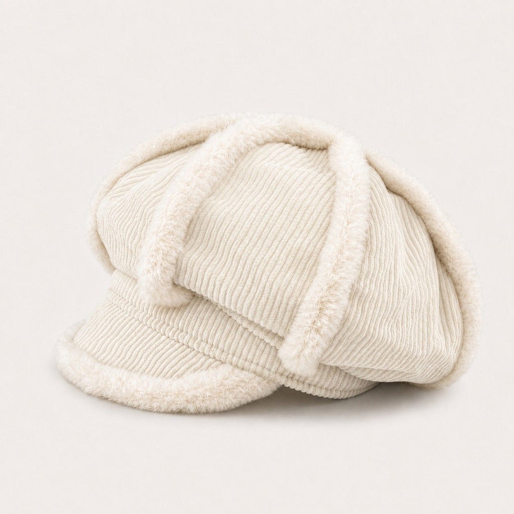 Corduroy Newsboy Cap Faux Fur Trim Baker Boy Hat Warm Casual Style