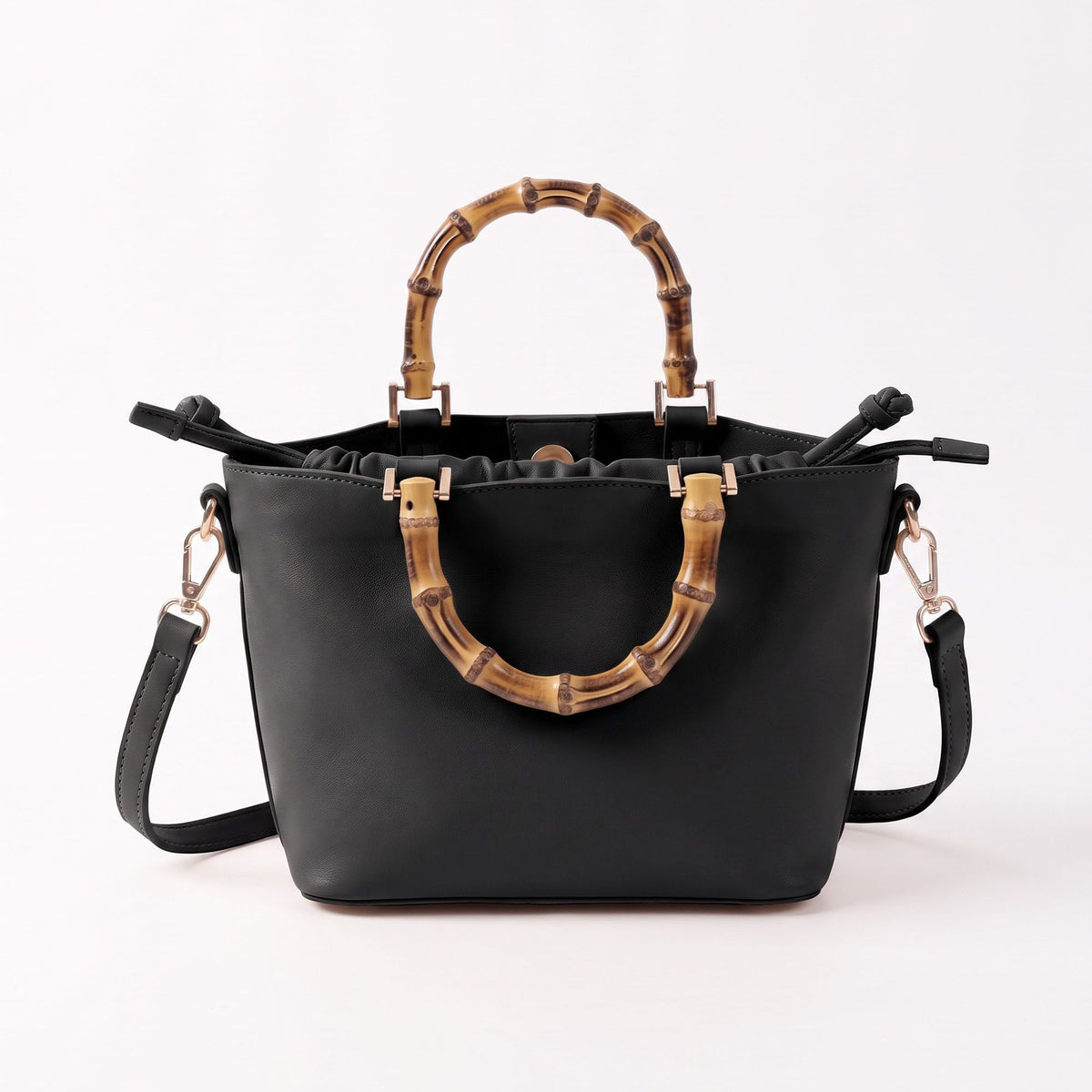 Bamboo Handle Satchel Bag with Detachable Shoulder Strap