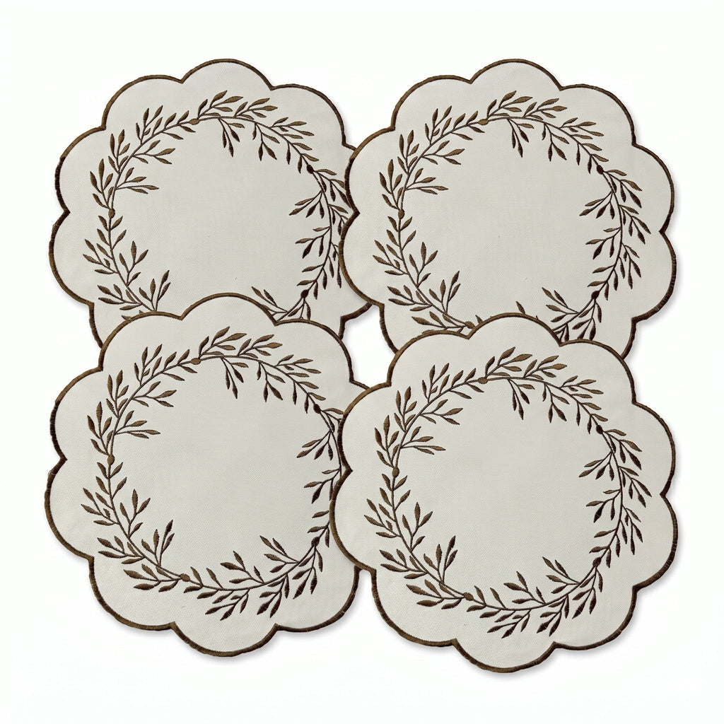 4 Piece Embroidered Floral Placemat Set Scalloped Edge Linen Look Table Mats for Dining Table