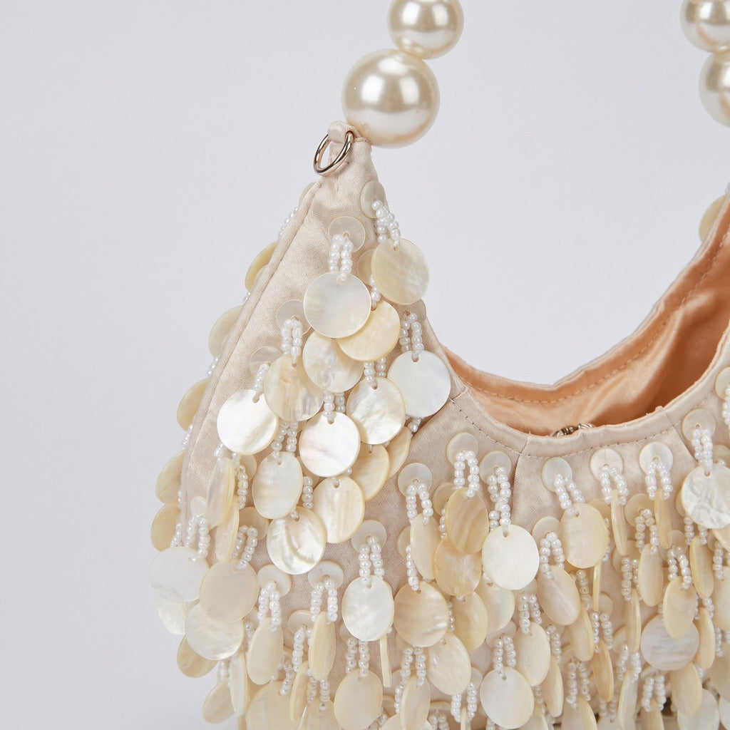 Shell Disc Embellished Shoulder Bag with Faux Pearl Handle Beaded Fringe Handbag 9.5x4.5x0.6 in