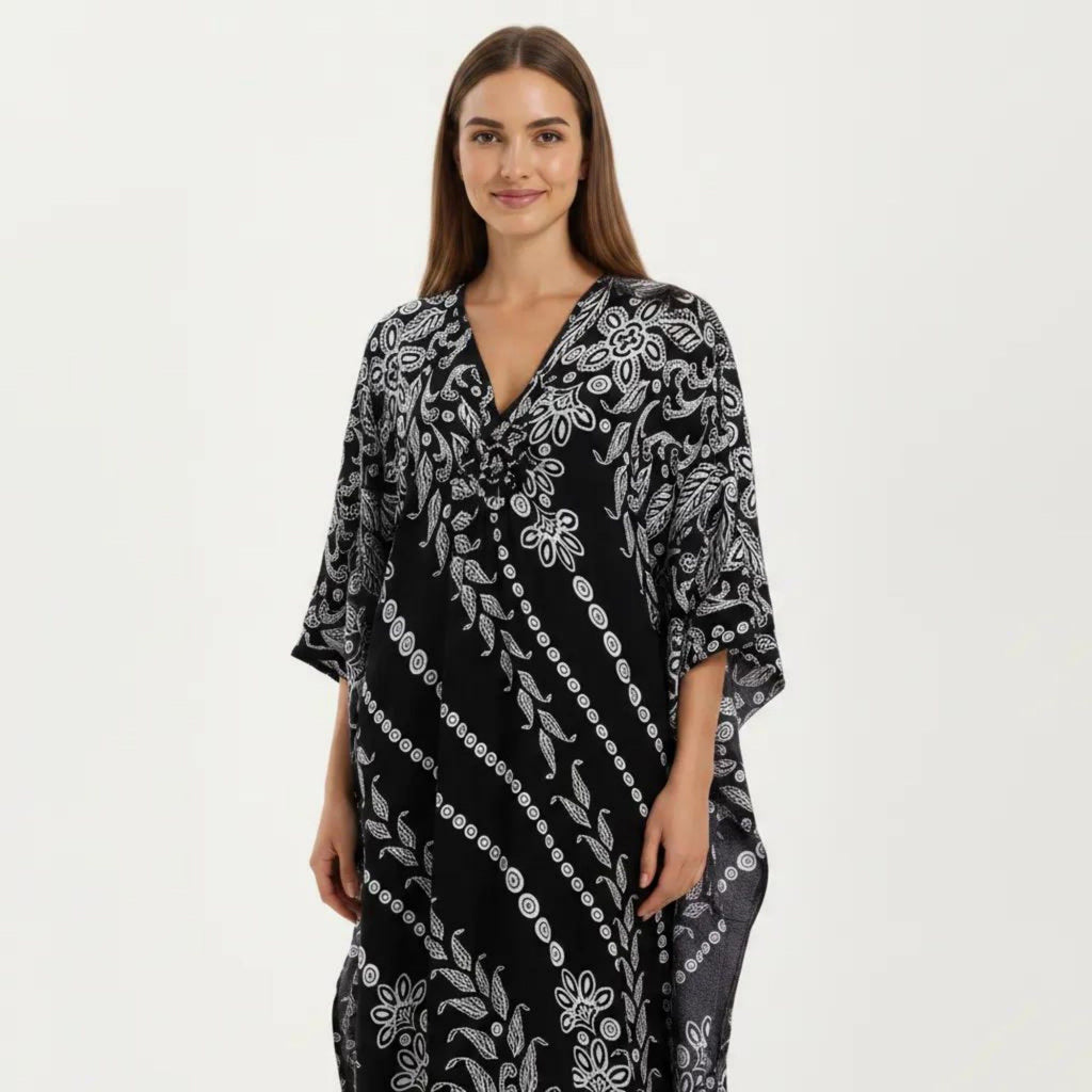 Anna-Kaci Women's Floral Print Kaftan Maxi Dress with V-Neck Button Front and Flowy Batwing Sleeves