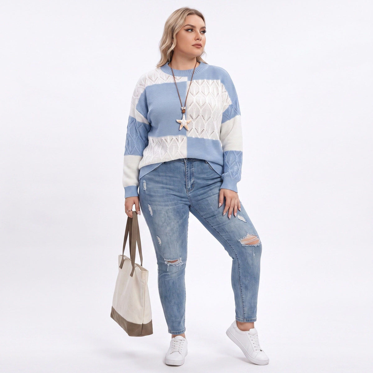 Plus Size Colorblock Pointelle Crewneck Sweater