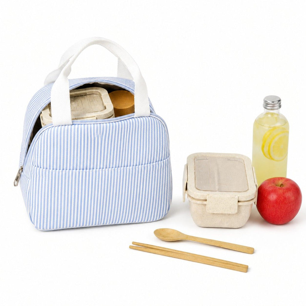 Striped Insulated Lunch Tote Bag with Front Pocket and Zip Closure