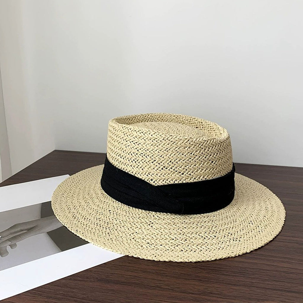 Straw Boater Hat Flat Top Wide Brim Summer Beach Sun Hat Lightweight