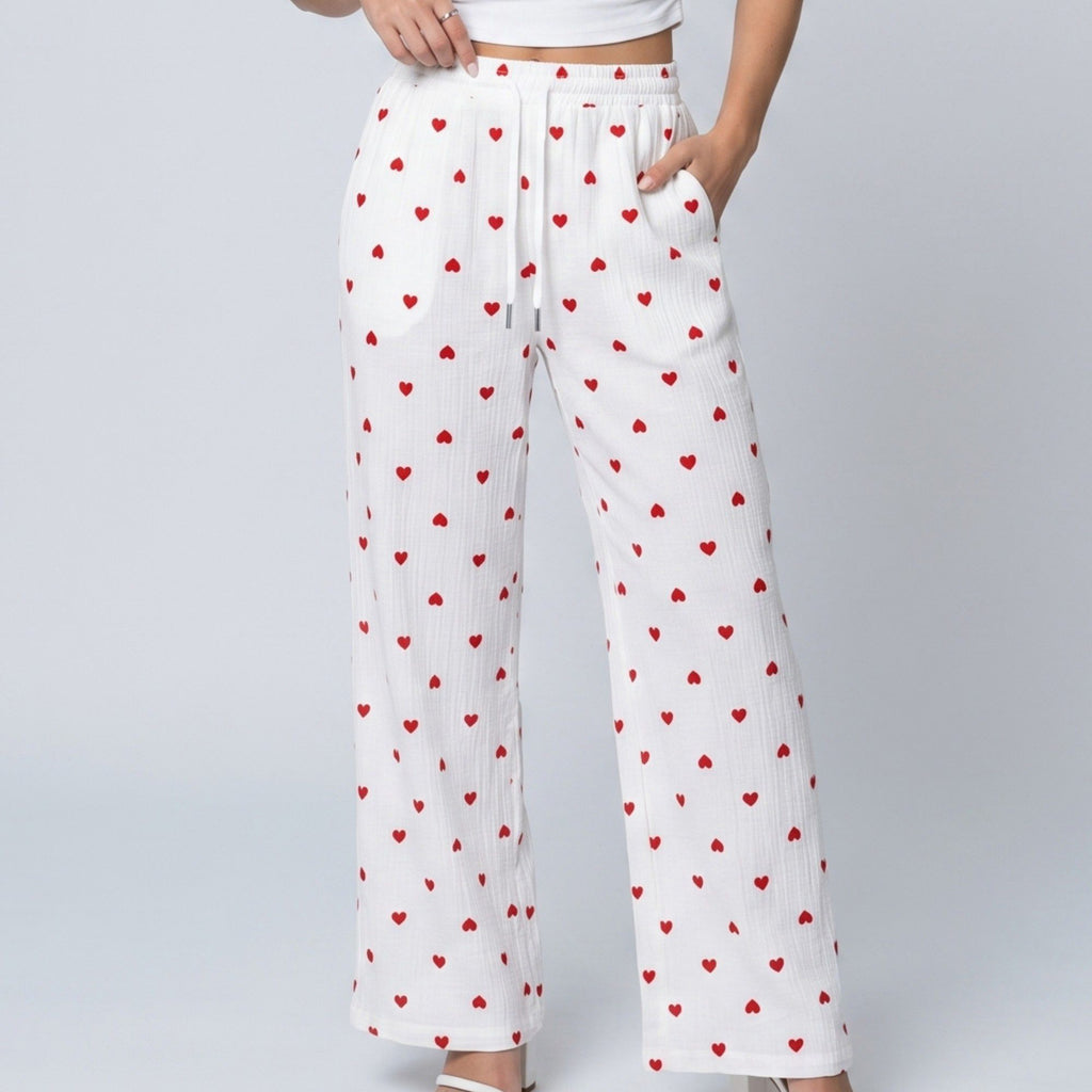 Heart Print Wide Leg Lounge Pants Elastic Drawstring Waist Casual Trousers with Pockets