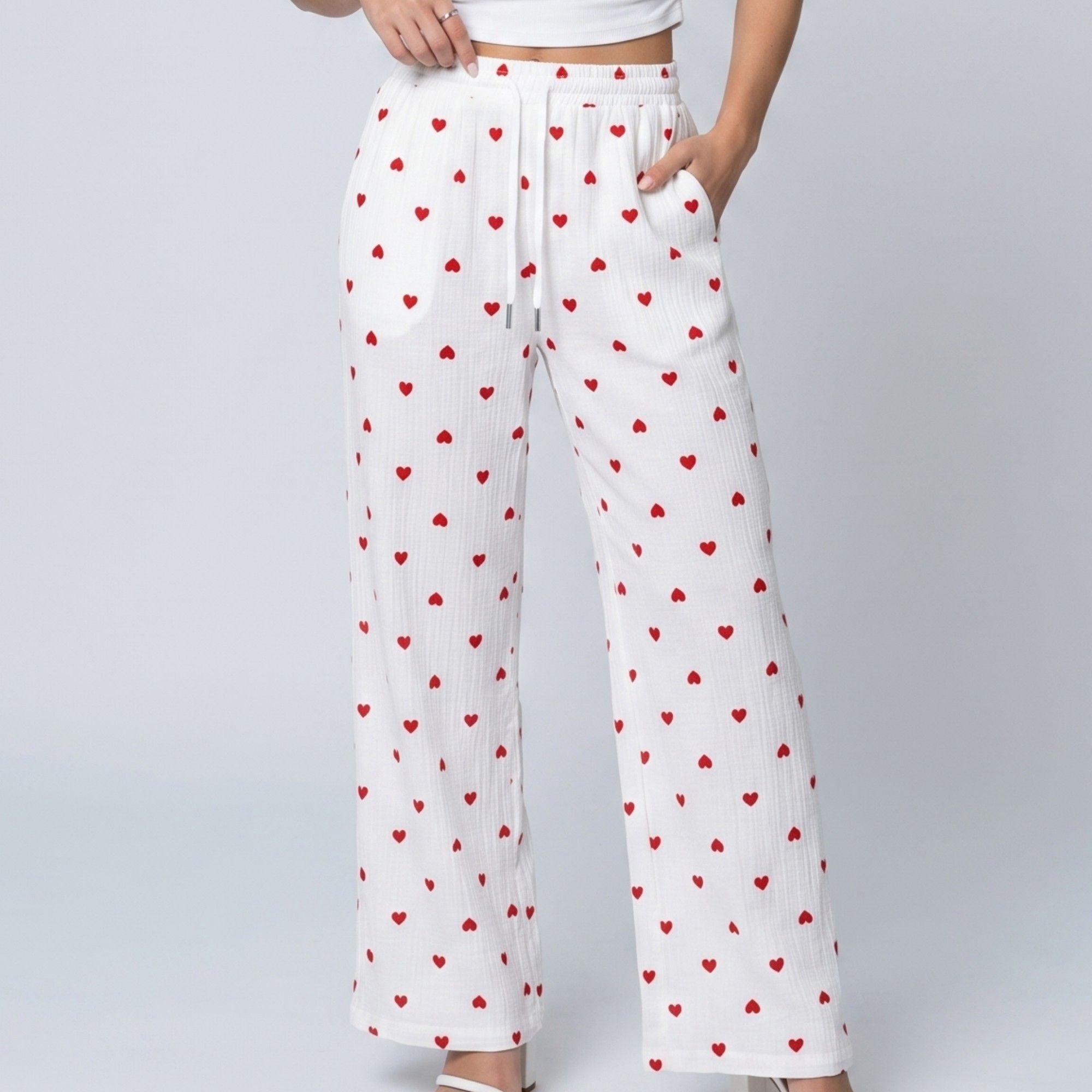 Heart Print Wide Leg Lounge Pants Elastic Drawstring Waist Casual Trousers with Pockets