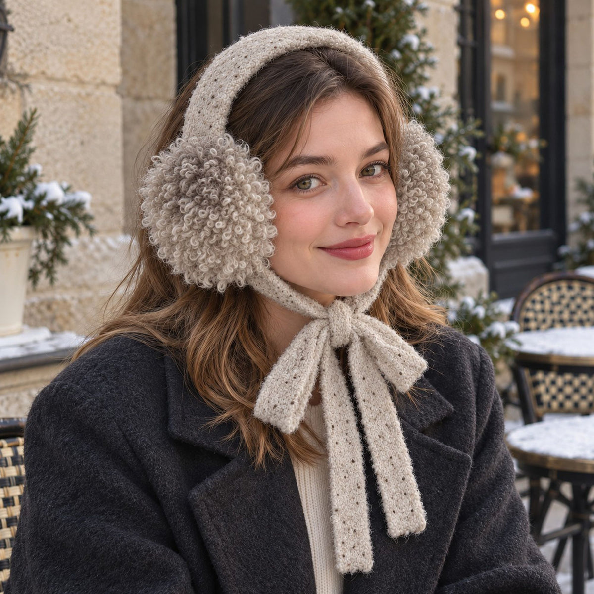 Curly Plush Winter Earmuffs with Speckled Knit Ties