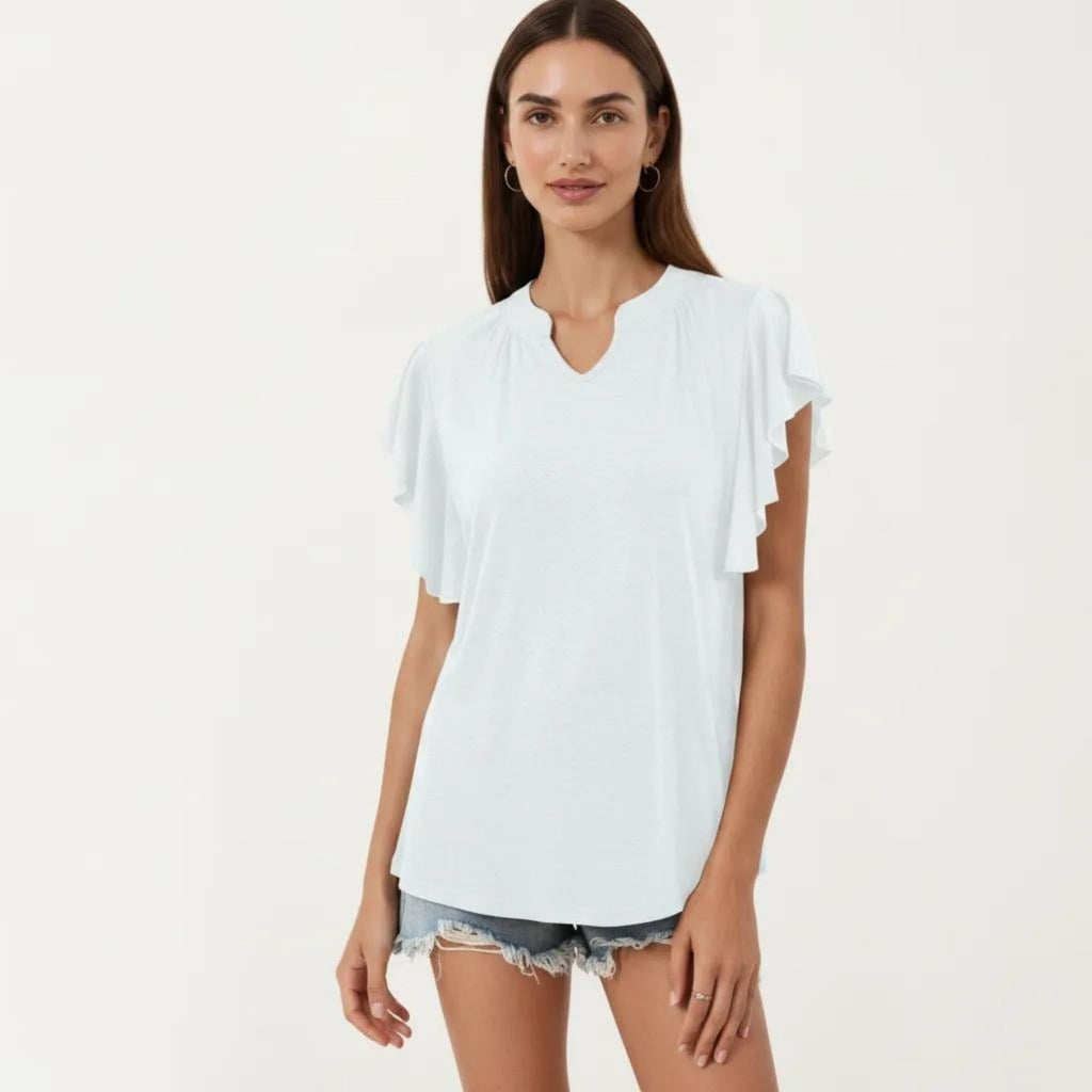 Anna-Kaci Women's Short Sleeve Top with Flutter Ruffle Sleeves and Split V Neck Relaxed Fit Casual Shirt