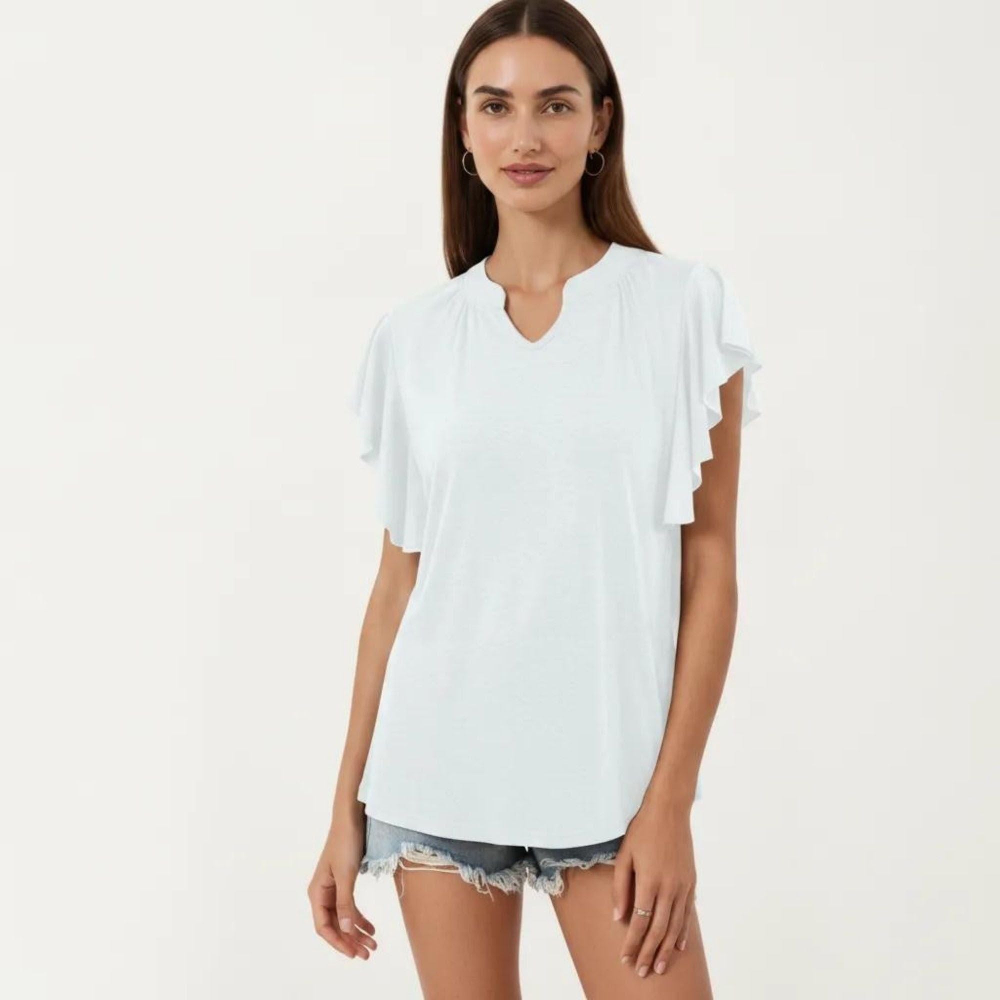 Anna-Kaci Women's Short Sleeve Top with Flutter Ruffle Sleeves and Split V Neck Relaxed Fit Casual Shirt