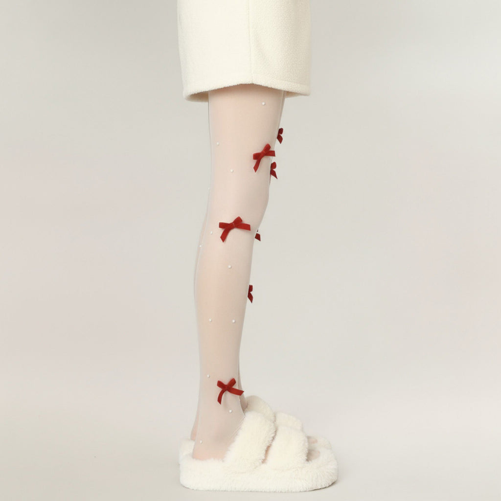Anna-Kaci 2pcs Women's Sheer Tights with Velvet Bow and Pearl Accent Details