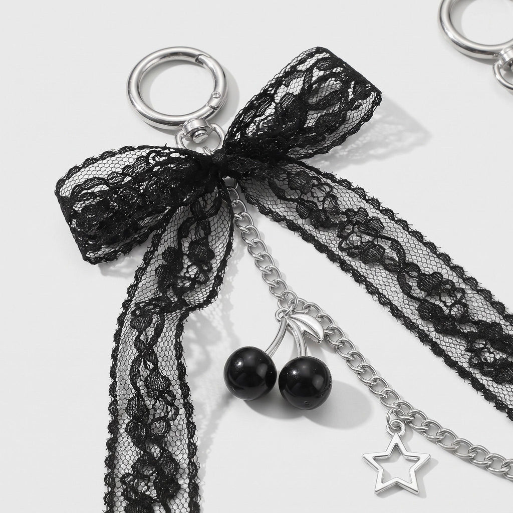 Lace Bow Cherry Bag Chain Charm with Heart Accents and Double Ring Clasps