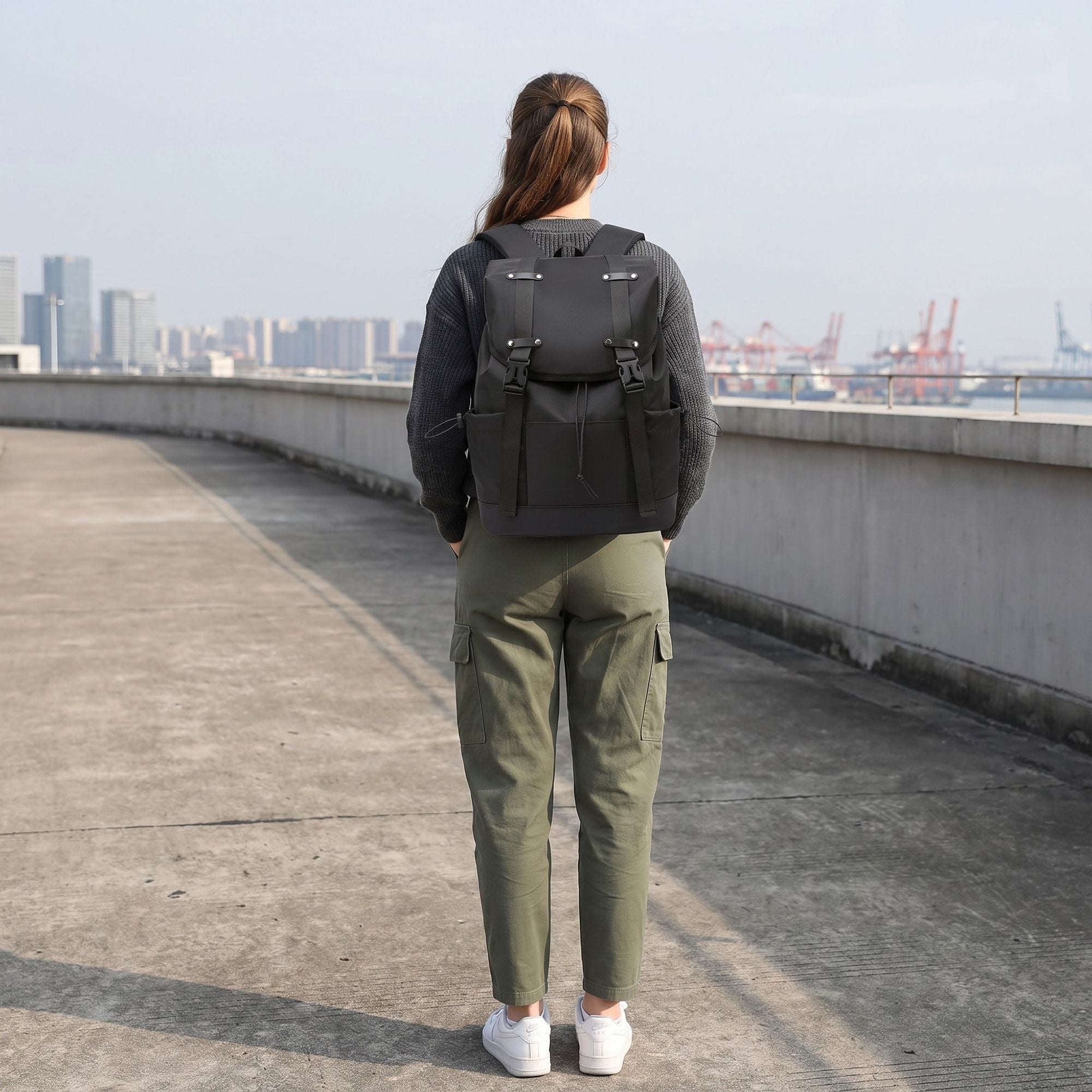 Large Flap Backpack with Drawstring Closure Buckle Straps Side Pockets and Padded Shoulder Straps