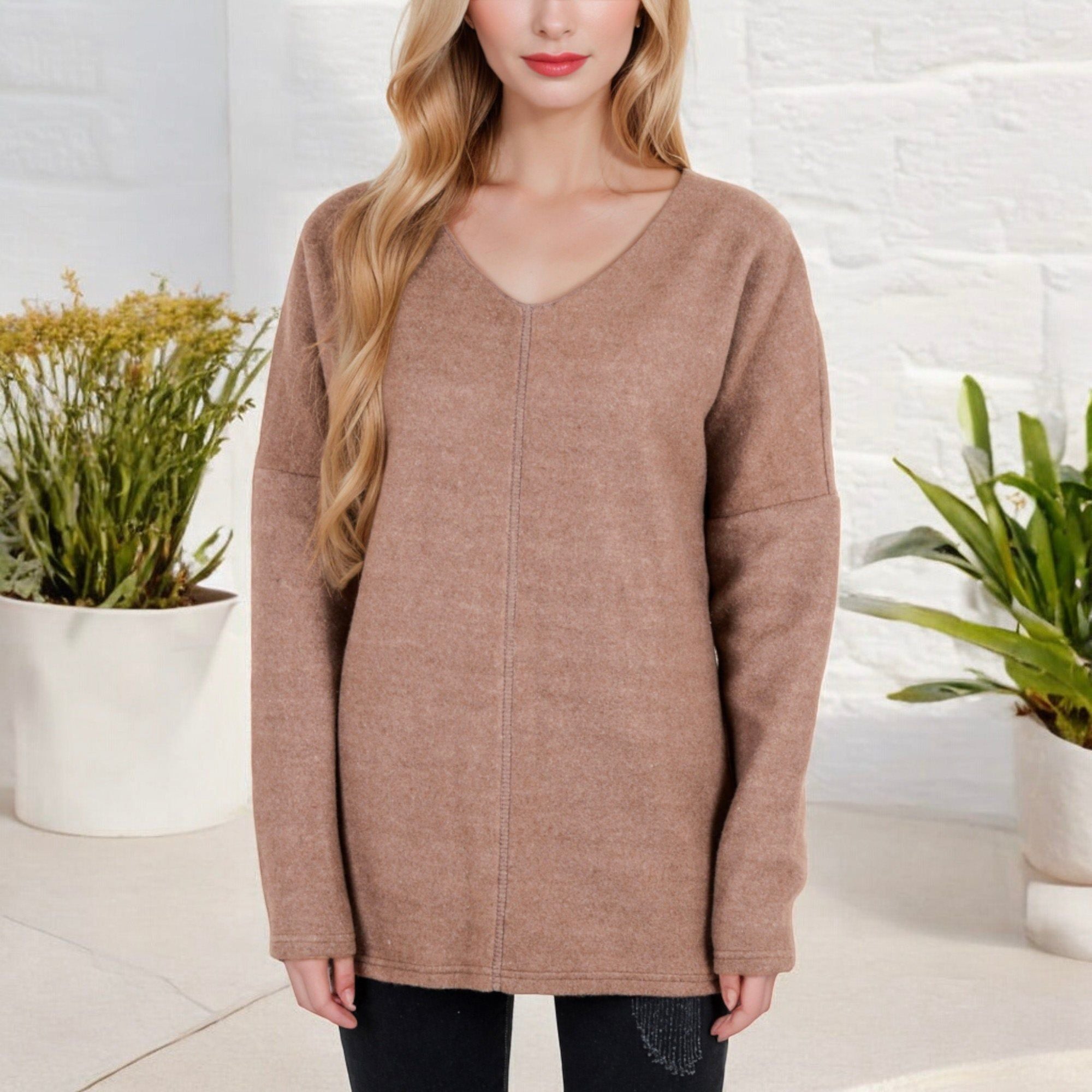 Anna-Kaci Women's Long Sleeve V-Neck Tunic Sweater with Seam Detail