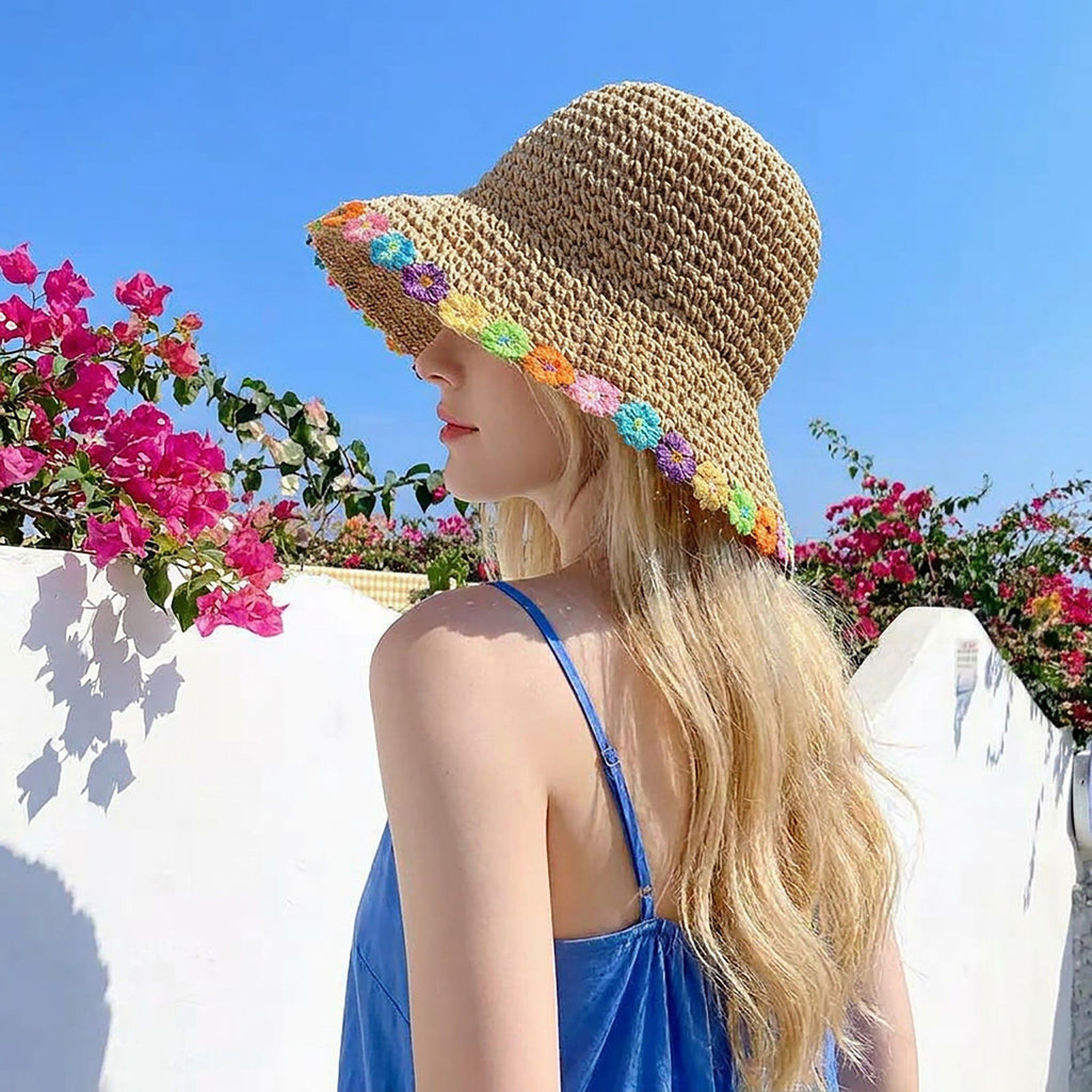 Crochet Bucket Sun Hat with Floral Applique Trim and Soft Brim Design