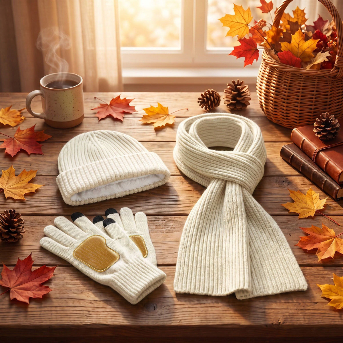 3 Piece Ribbed Knit Beanie Scarf and Touchscreen Gloves Set