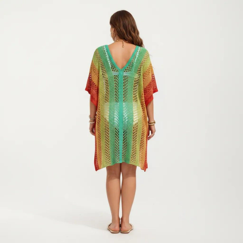 Anna-Kaci Women's Ombre Crochet Swim Cover Up Dress with Open Knit Mesh Design V Neck Short Sleeves Relaxed Fit