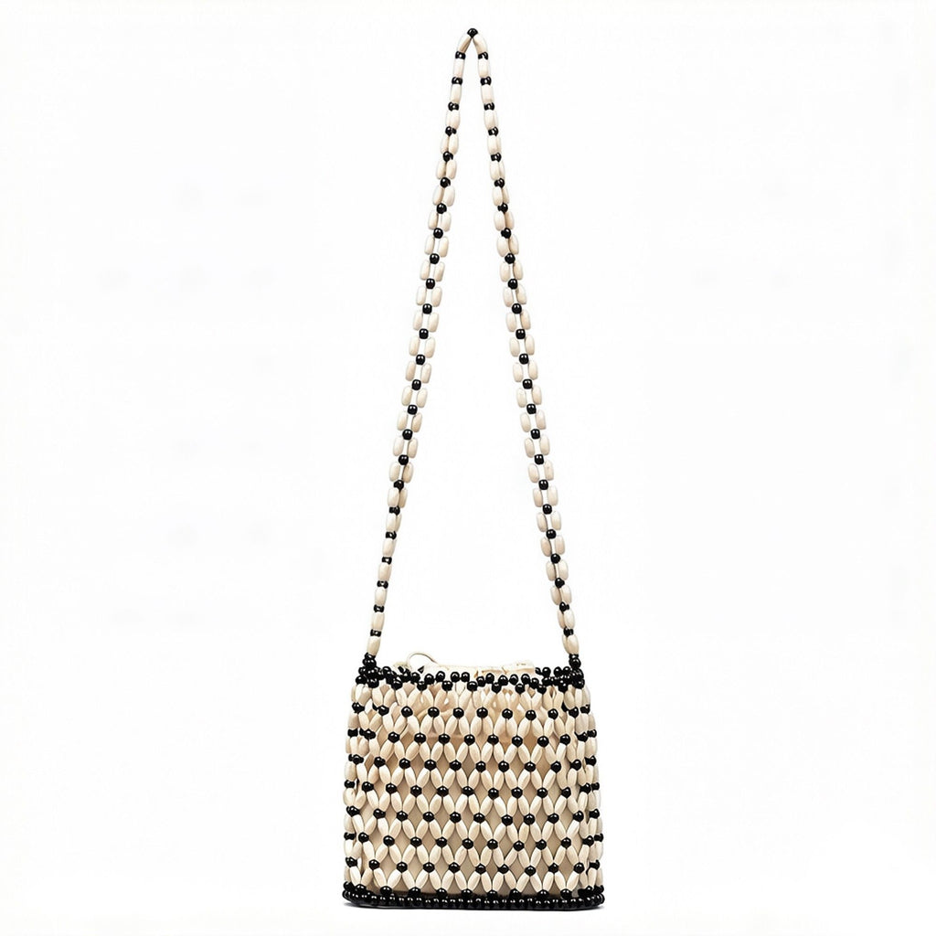 Beaded Crossbody Mini Bag with Long Strap Open Weave Wooden Bead Shoulder Purse Lightweight Small Handbag