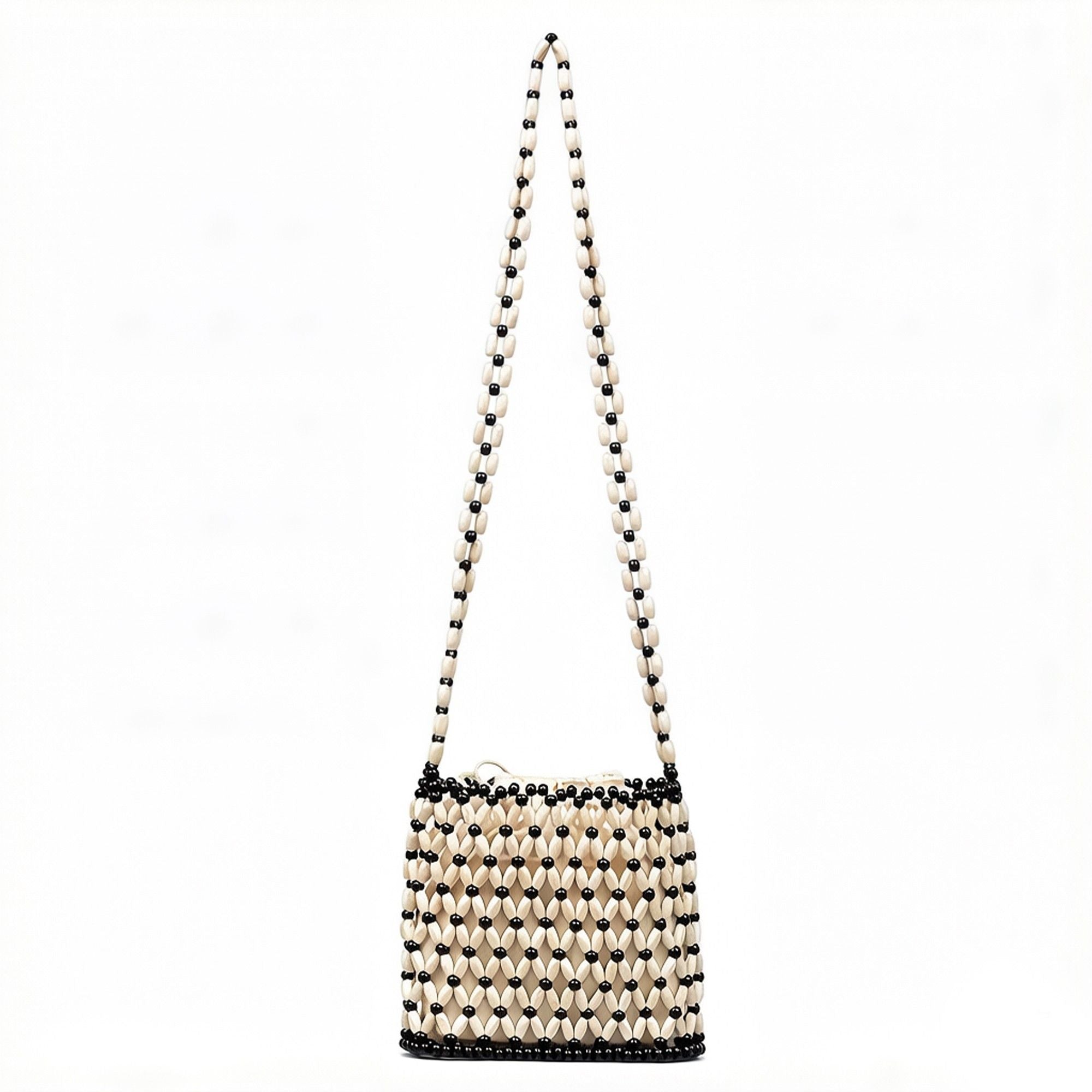 Beaded Crossbody Mini Bag with Long Strap Open Weave Wooden Bead Shoulder Purse Lightweight Small Handbag