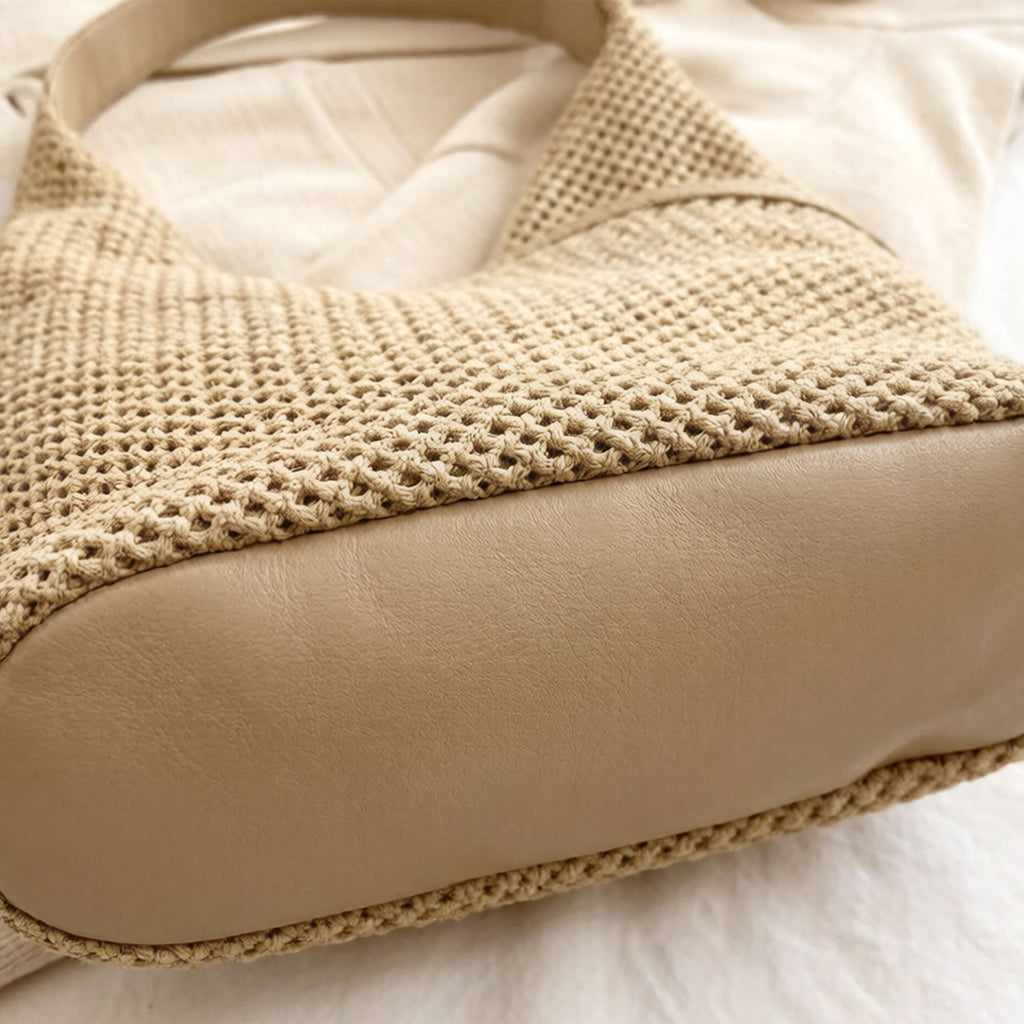 Woven Shoulder Hobo Bag with Faux Leather Trim Soft Knit Slouchy Handbag Casual Everyday Tote