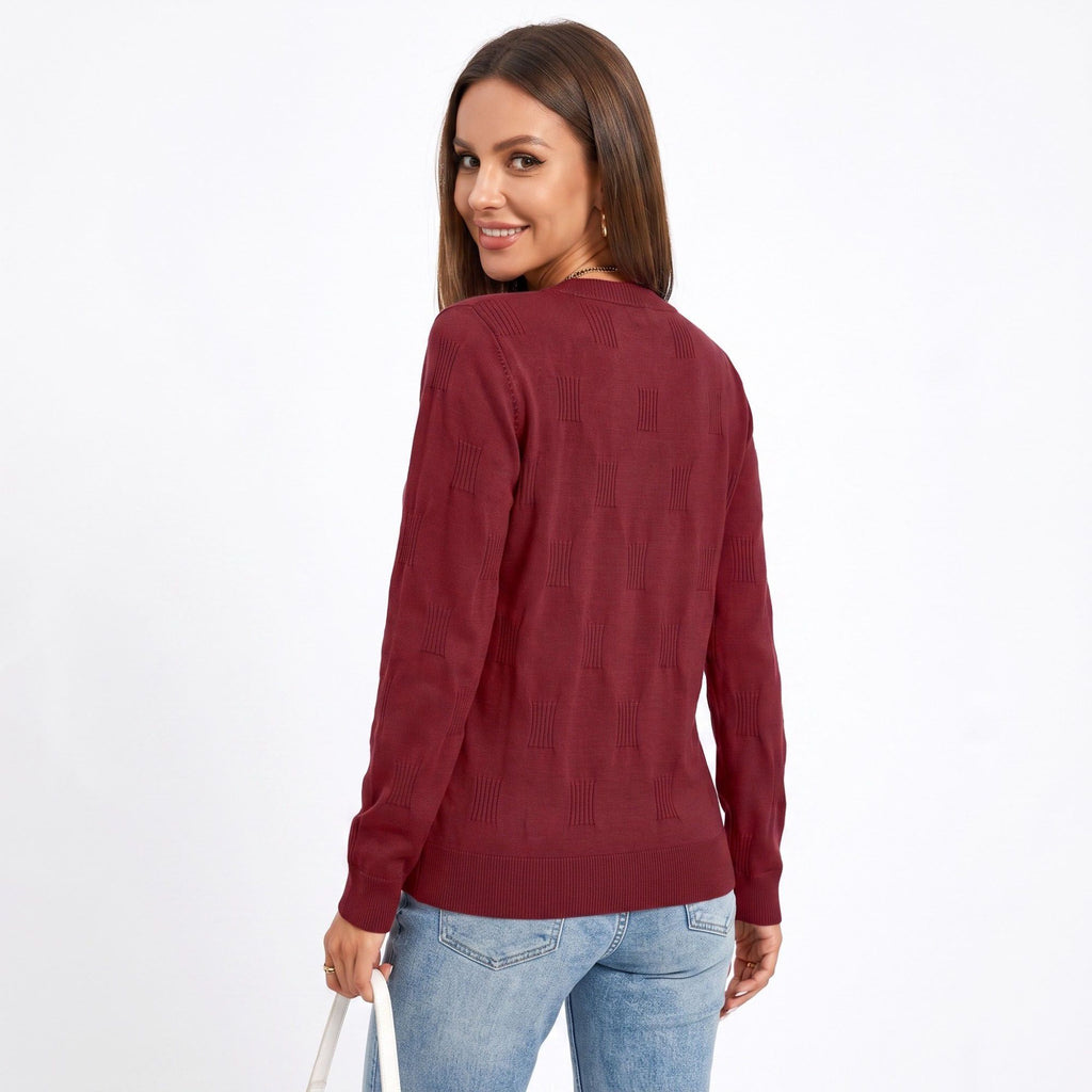 Textured Geometric Crew Neck Long Sleeve Knit Sweater