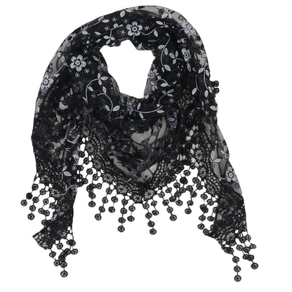 Anna-Kaci Lightweight Lace Floral Head Scarf Fringe Triangular Shawl Scarf Wrap Bandana for Women