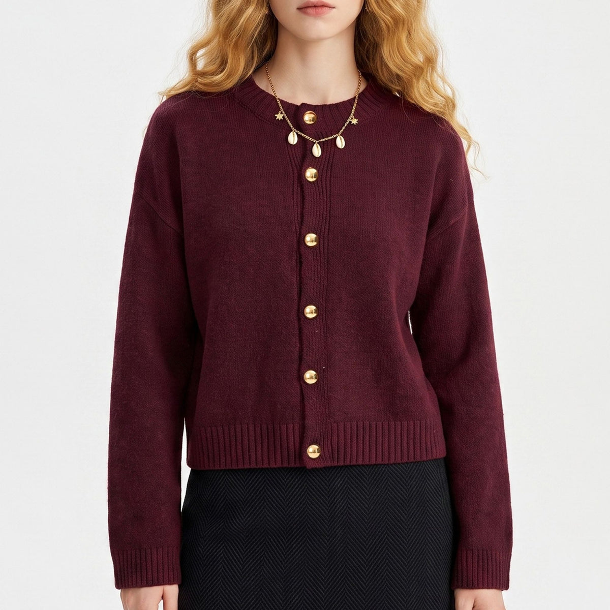 Gold Button Crewneck Cardigan Sweater