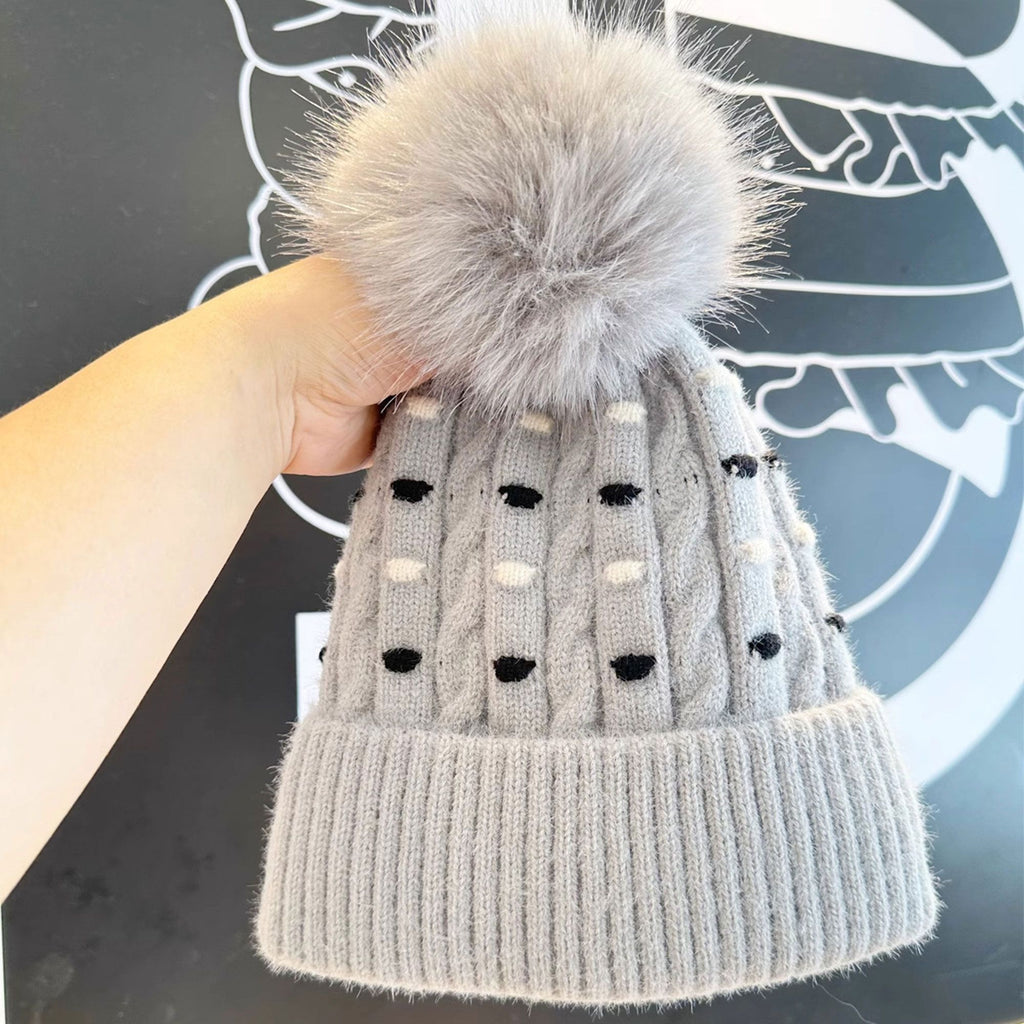 Anna-Kaci Women's Knit Beanie with Large Faux Fur Pom-Pom - Winter Hat with Embroidered Accents