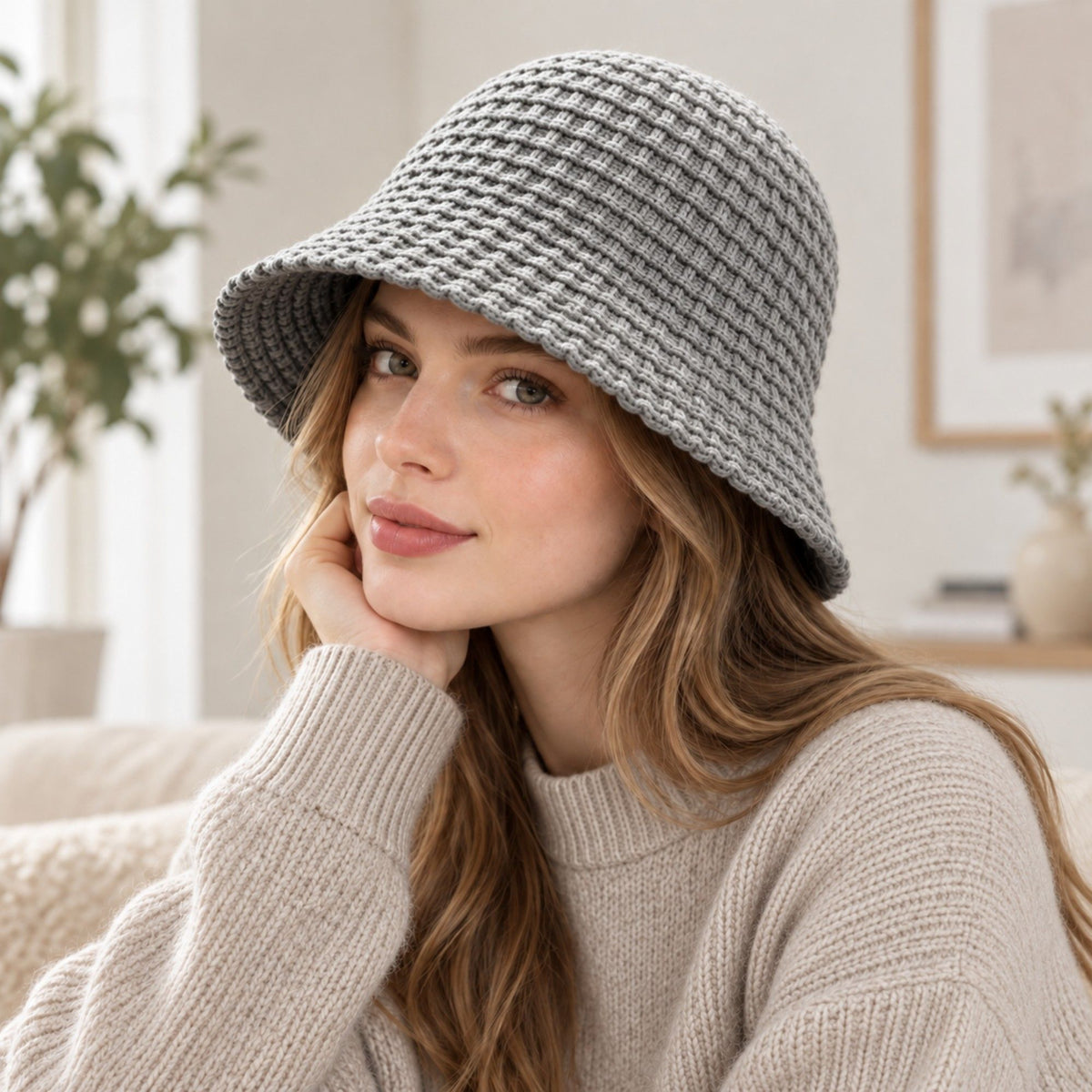 Waffle Knit Bucket Hat with Soft Textured Brim