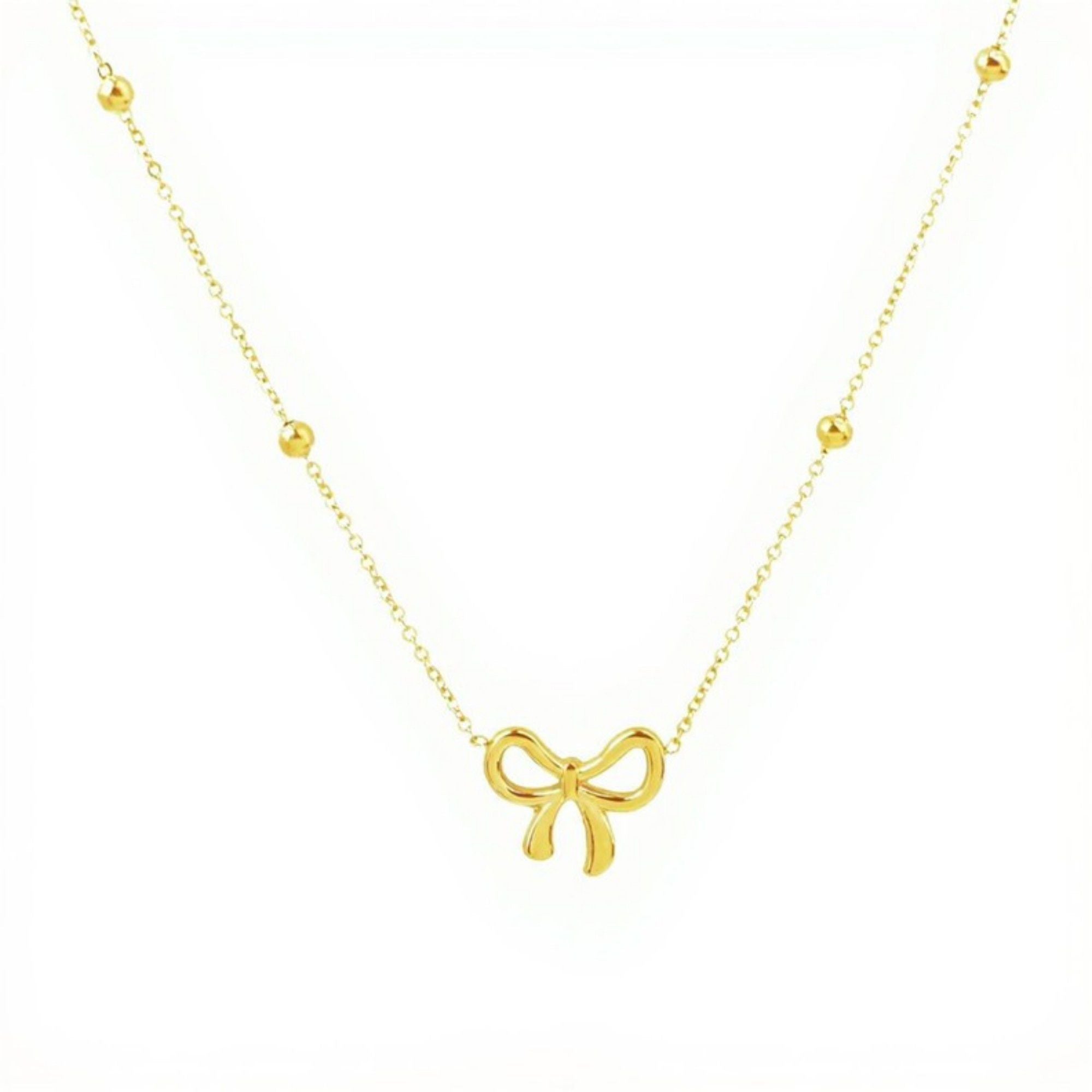Women's Bow Pendant Necklace with Dainty Beaded Chain Design